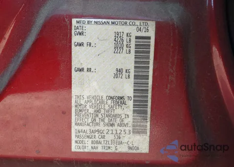 2016 Nissan Altima 2.5 Sl z USA, uszkodzony, nr VIN 1N4AL3AP9GC211253